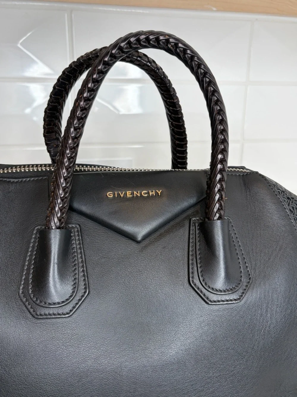 Givenchy Antigona Medium Black Leather Satchel Woven Panel